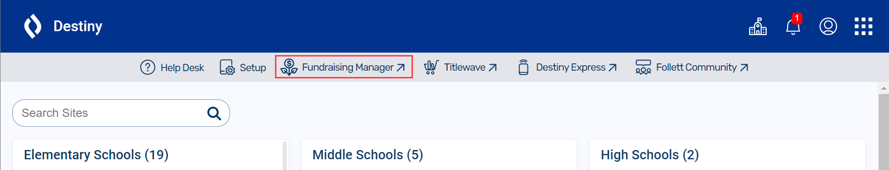 Admin ribbon with Fundraising Manager highlighted